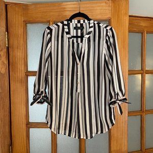 Women's Sheer Striped Maroon/Burgundy Black V Neck Blouse with Rose Gold Buttons